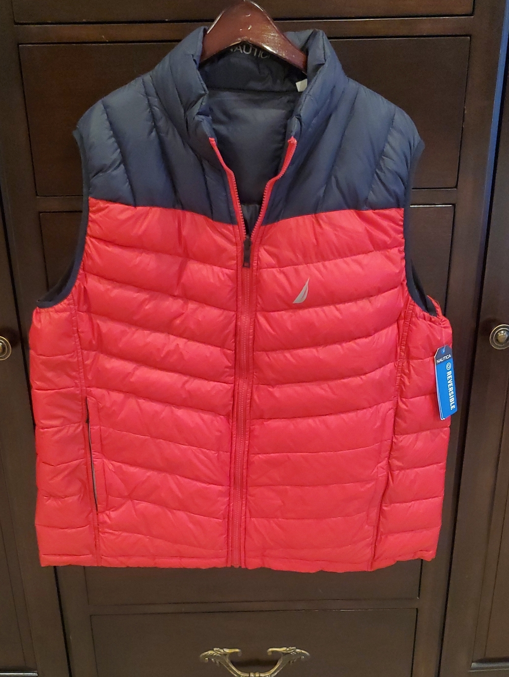 Mens Nautica Red Quilted Puffer Vest with Navy Yoke. New W Tags.